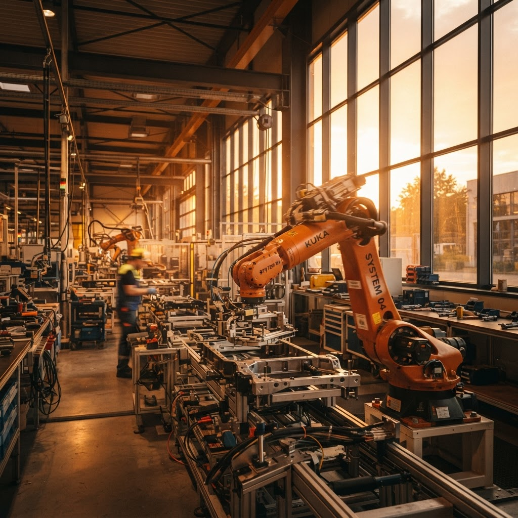 Industrial robotic arm in a factory with golden sunlight