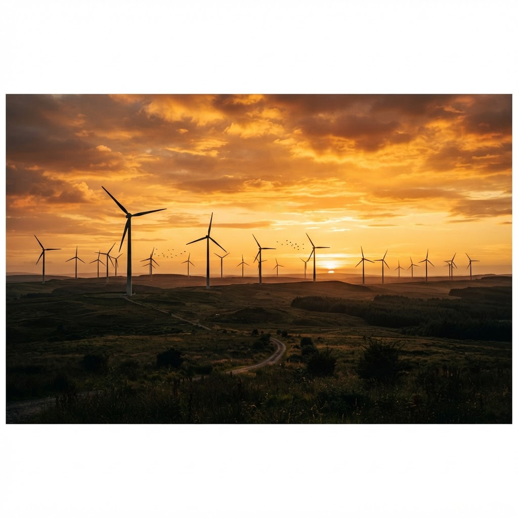 Wind turbines at sunset representing green economy